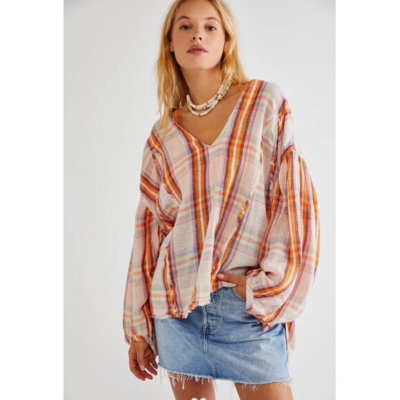 Free People Solstice Plaid Oversized Blouse Raw Seam Side Slits Long Sleeve Sz S - Picture 1 of 12